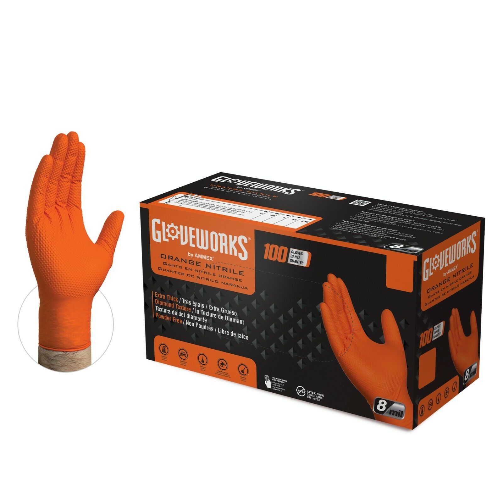 1000/cs Gloveworks Hd 8 Mil Gwon Latex Free Nitrile Disposable Gloves - Orange