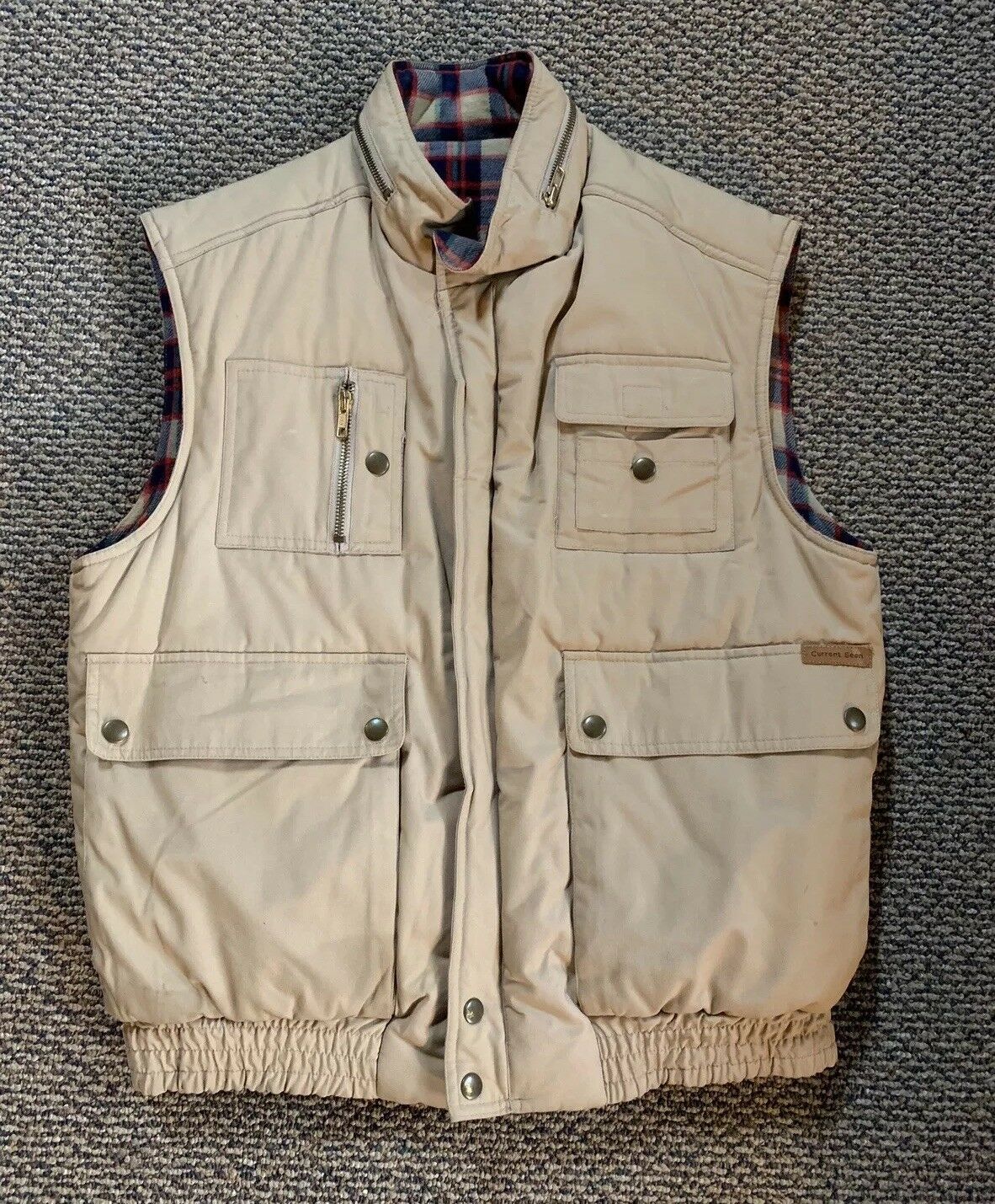 Vintage Current Seen Tan Reversible Plaid Flannel Hooded Vest Size Medium